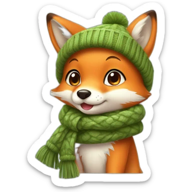 A cute little charming fox cub in a winter hat and scarf sticker