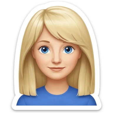 50 yr old white woman, curtain bangs, very long straight blond hair, oval face, small smile, blue eyes, thin face, hair down to elbows, round cheeks sticker