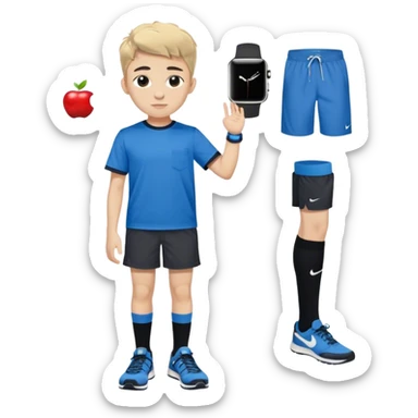 A 5.11 14 year old teen wearing black 5 inch shorts and black socks with a blue Nike shirt that goes to his waist, Birkenstocks, and an Apple Watch with a blue band sticker