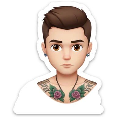 pretty handsome bratz man, short brown hair, brown eyes, pale skin, defined jawline, has tattoos sticker