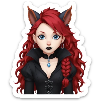  long curly red hair (darker), red pointed ears with black trim, black goth outfits, body and face human, blue eyes, more pointy chin, black lipstick, big fluffy red squirrel tail with black tips, like the attached photo with more outfits and poses,  sticker