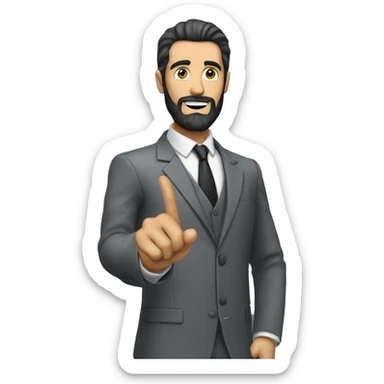 a white an in a grey suit with a dark beard and hair slick back holding his index finger up like he's explaining something sticker