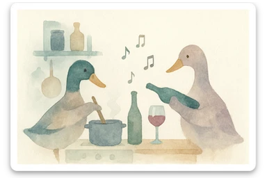 Monet-style impressionist scene, 4:3, two ducks (male and female) in cozy kitchen, one stirring pot, other pouring wine, music notes in air, soft light, painterly textures sticker