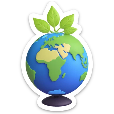 A single green leaf resting gently on top of a vibrant, round Earth globe. The focus is on the leaf and the globe with a simple background and soft natural lighting sticker