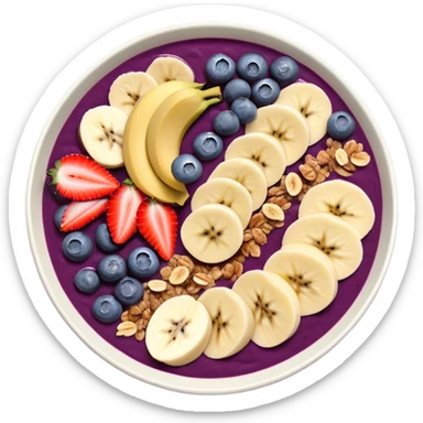 A delicious açaí bowl with a smooth, deep purple base, topped with neatly arranged banana slices, fresh strawberries, blueberries, and granola. The bowl is simple and modern, with a clean, flat illustration style. No shadows or gradients, perfect for a minimal and modern aesthetic. sticker