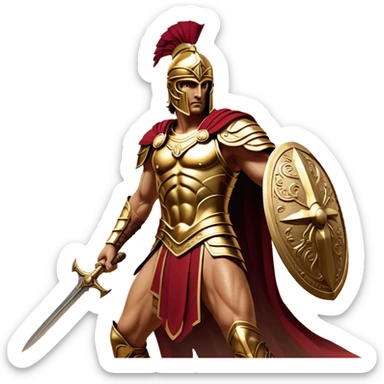 Cinematic-realistic Achilles, the unstoppable Greek warrior, standing fearlessly on the battlefield of Troy. His golden armor gleams under the scorching sun, each intricate engraving telling tales of his past glories. His piercing gaze locks onto his foe, his grip tightening around his ornate bronze sword as his crimson cape billows behind him. The dust swirls at his feet, the echoes of clashing weapons and distant war cries surrounding him, the essence of an immortal legend in motion. sticker