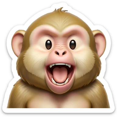 Cinematic Cute Yawning Macaque Portrait Emoji, Head tilted slightly with a dramatic, wide-open yawn, showcasing a gently textured face with half-closed, sleepy eyes and an open, relaxed mouth, Simplified yet irresistibly adorable features, highly detailed, glowing with a soft, cozy glow, high shine, relaxed yet expressive, stylized with a dash of whimsical charm, soft glowing outline, capturing the essence of a drowsy yet affectionate primate that appears ready to stretch out for a nap! sticker