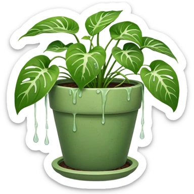 Long trailing pothos in a plant pot with drip tray sticker