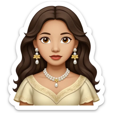 Tan Filipino woman with dark brown eyes and long dark wavy hair parted in the middle wearing a traditional filipiniana and white pearl stud earrings and no other jewelry sticker