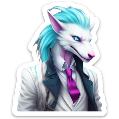 White badass elegant wild beautiful natural cute badass epic anthro modern albino sergal-vernid-creature with cyan mane and magenta eyes with cyan edgy stripes, full body, blue pretty hair, outside, modern, aesthetic, art by LiLaiRa, art by art by Falvie sticker