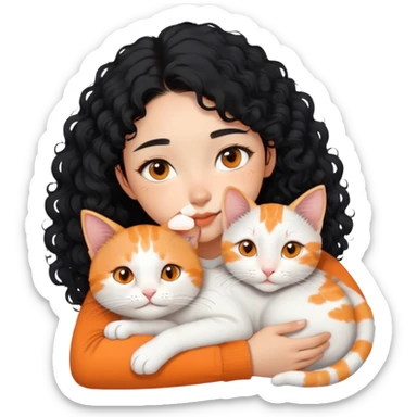 Asian girl with curly black hair and the cat is lying on her shoulder, cat is mostly white with orange markings, tender moment sticker