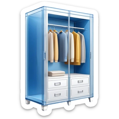 Icon for Furniture Design: a semi-transparent 3D wardrobe on top of a blueprint, with design metrics and measurements around it. The icon should represent the design and development process of furniture. Transparent background. sticker