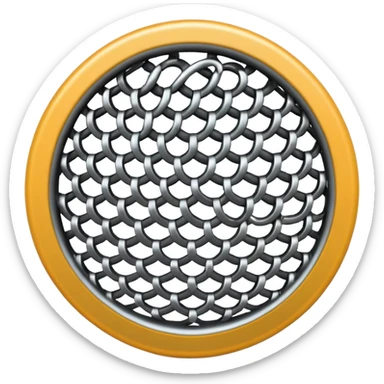 3D render of Speaker Grille, made of interlocking chainmail metal rings, wire mesh texture, visible holes and negative space, metallic silver and grey, high contrast shadows, emoji style, isolated on white background --v 6.0. sticker