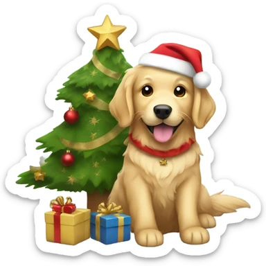 golden retriever dressed like santa under a christmas tree holding a gift sticker