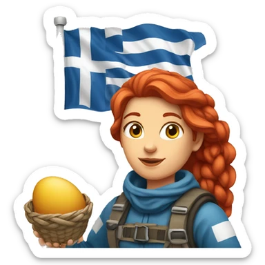 female winter mountaineer red hair holding easter egg and greek flag  sticker