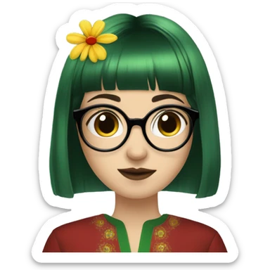 White skinny girl in a green kurta with flower design, glasses, alot of piercing, gay, red lips, nose ring, full body, short straight black edgar hair, black straight hair, front bangs sticker