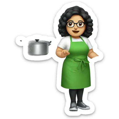 chubby lady with black hair green apron  with glasses cooking tacos sticker