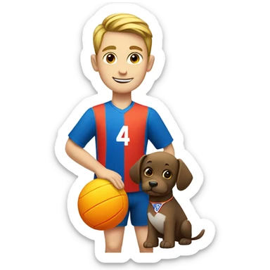 A white boy holding a red blue orange green and yellow volleyball  witha shirt with a dog and number 14 sticker