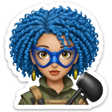 blue curly haired paintball player girl with huge earrings, wearing paintball mask sticker