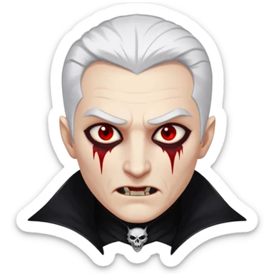 Creat a young man Vampire with white skin and white hair "make him have slide back hair" and full black vampire clothes and bloody eyes and long fangs and scary dead sleepy eyes and silver logo on his neck sticker