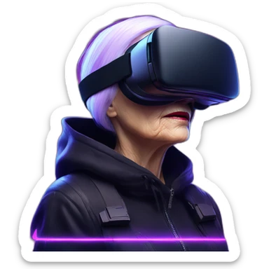 Russian old woman wearing a black hoodie with "OMG" letters on it and VR headset in a cyberpunk VR environment with violet neon lighting. sticker