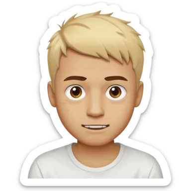 Male with short, messy blonde buzzstyle hair, large expressive golden-brown eyes, brown skin, subtle facial bruises and scratches, crooked smile showing slightly damaged teeth, wearing a plain white t-shirt. sticker