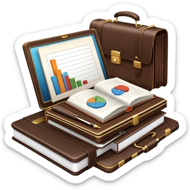 Icon for Business Reading: a prominent open book in the foreground with a briefcase, a laptop and a notepad around it, with a bar graph symbolizing ideas and growth. The icon should represent the knowledge and strategy of business literature. Transparent background. sticker