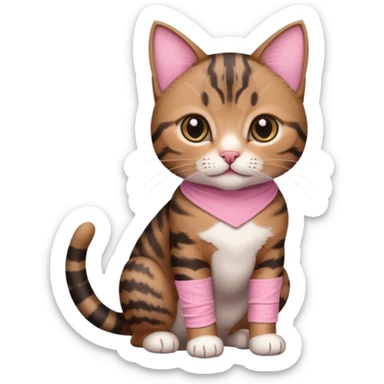 a young female brown and black tabby cat, with a pink bandage on her front paw, sticker