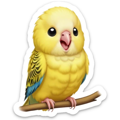 Cinematic Cute Yawning Yellow Budgie Portrait Emoji, Head tilted slightly with a dramatic, wide-open yawn, showcasing a soft, downy yellow feathered fur with gently drooping wings, round dark eyes barely open in drowsy contentment, Simplified yet irresistibly adorable features, highly detailed, glowing with a soft, cozy glow, high shine, relaxed yet expressive, stylized with a touch of whimsy, bright and endearing, soft glowing outline, capturing the essence of a sleepy yet affectionate budgie, so drowsy it feels like it could stretch out of the screen and curl up for a nap! sticker