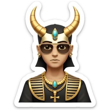 3D cartoon horned character portrait, wearing sunglasses, gothic ancient Egyptian style, pharaoh collar, dark gold and black outfit, ankh symbols, Egyptian jewelry, mysterious expression, soft dramatic lighting, centered, clean background, no text, no watermark sticker