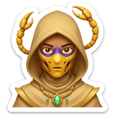 desert sand mage portrait, head and shoulders only, scorpion-themed hood, golden desert jewelry, swirling sand aura, glowing eyes, fantasy vibe, 3D cartoon, mobile game icon style, clean background, no text, no watermark
 sticker