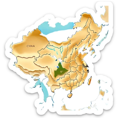 Cinematic-realistic outline of china, featuring its distinct landmass with accurately defined coastlines. The deep blue ocean surrounds the golden-brown continent, with subtle topographic shading to highlight its terrain. A soft glowing effect enhances the edges, making the shape stand out against a neutral, textured background. sticker