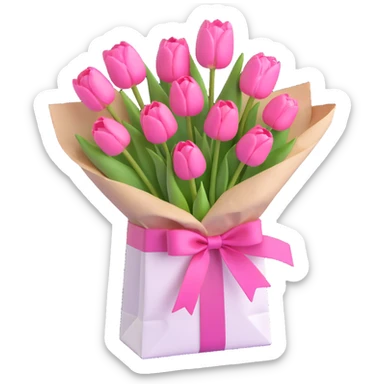 pink tulips bouquet in a crisp white paper bag, tied with a pastel pink ribbon, soft pastel palette, subtle shadows, minimal and clean, 3D iOS emoji style sticker