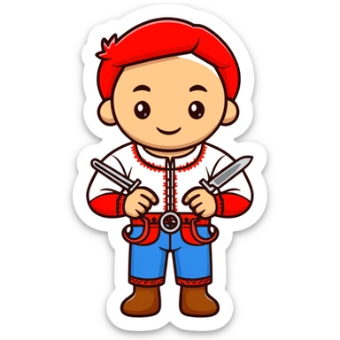 Ukrainian craftsman wearing traditional embroidered vyshyvanka shirt holding a spanner wrench and red scissors sticker