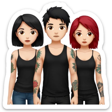 generate a fair boy with messy black hair, tattoos. standing beside a fair black haired girl wearing a black cami top and a tan girl with red hair sticker