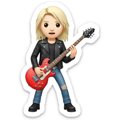 3D Apple-style emoji of a metal musician holding an electric guitar with a bold "ROCK" sign above. Long hair, black leather jacket, ripped jeans, intense expression. Rounded, glossy, smooth, soft shadows, white background.











 sticker