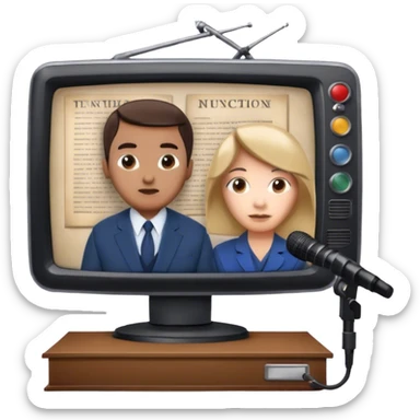 Icon for Documentary TV Show: A TV screen with a microphone, books, historical documents and scientific symbols. interview setup with a camera and a serious-looking news anchor or narrator. Transparent background. sticker