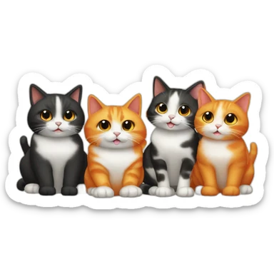 A group of cats, 3 are black, 1 is orange and white, 1 is orange, and 1 is tortoise colored sticker