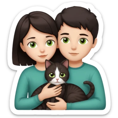 Crea un emoji donde salga un chico de pelo moreno con los ojos claros, una chica de pelo morena con los ojos marrones y UN gato europeo comun de pelaje oscuro y ojos verde claro, quiero que se esten abrazando el chico y la chica, y el gato este en el medio sticker