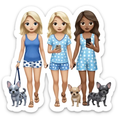 Three pretty women in beach clothes one walking a blue and gray spotted Merle Frenchie, one walking a black chihuahua puppy, one holding iPhone, hazel eyed light skin with dark blonde long hair and light light skin hazel eyed long wavy brown hair, blue eyed light skin long blonde hair  sticker