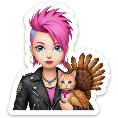 A blonde punk rocker woman with blue eyes with a thanksgiving turkey cat sticker
