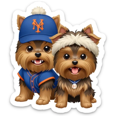 Yorkie with a NYY hat fighting an ugly dog with a New York Mets hat sticker