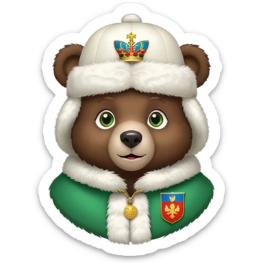 Very cute dark brown bear face with big green eyes and sweet expression, wearing a completely white fur hat with the Russian Federation coat of arms (double-headed eagle) in the center sticker
