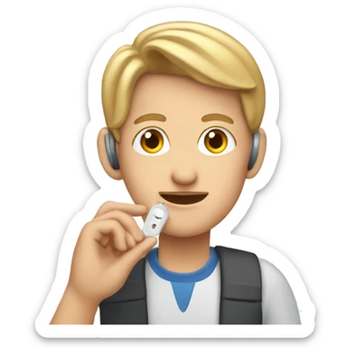 person testing hearing aid with mobile app sticker