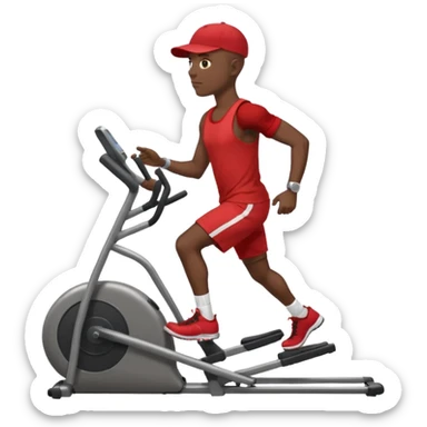 dark skin bald African American man on elliptical machine with red tank shirt and black shorts and backwards facing baseball hatcap sticker