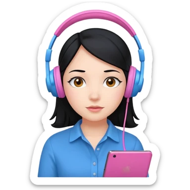 girl with black  hair, blue shirt and pink headset sticker
