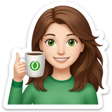 Long, Brown haired girl with middle hair part, with green eyes, smiling, waving with one hand, coffee mug in the other sticker