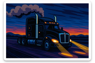 fun cartoon scene black Kenworth T680 Flat Top semi sleeper driving at night, highway setting, smoke coming from stacks, illuminated by headlights, lively and animated style sticker