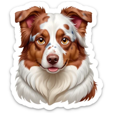Cinematic Noble Predominantly White Red Merle Australian Shepherd Portrait Emoji, Poised and regal, with a strong, agile build and a stunning predominantly white coat with splashes of red merle, piercing blue eyes, Simplified yet sharp and sophisticated features, highly detailed, glowing with a soft, dignified glow, high shine, intelligent and loyal, stylized with an air of elegance, focused and attentive, soft glowing outline, capturing the essence of a watchful and confident herder, so majestic it feels as though it could step out of the screen with effortless authority! sticker