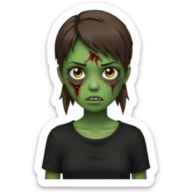 Zombie girl emoji verde com cabelo curto liso castanho no ombro com uma blusa preta sticker